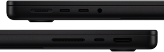 Showing the ports on MacBook Pro — left side: MagSafe 3, two Thunderbolt ports and headphone jack — right side: SDXC card slot, one Thunderbolt port and HDMI