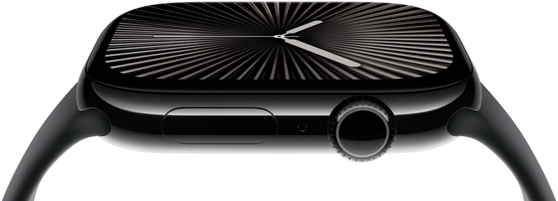 شاشة وتاج ساعة Apple Watch Series 10 الرقمي من الجانب. تميل الساعة جانبيًا لعرض مساحة أكبر من الشاشة.