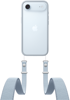 iPhone Air, back exterior, Sky Blue color, Fusion camera system near top, centered Apple logo, Crossbody Strap with Bumper in light gray color attached